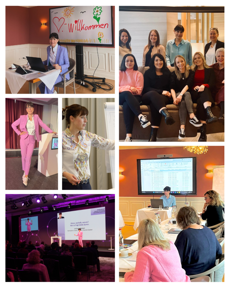 Claudia Marbach im Training, mit Teilnehmerinnen und bei Vorträgen.